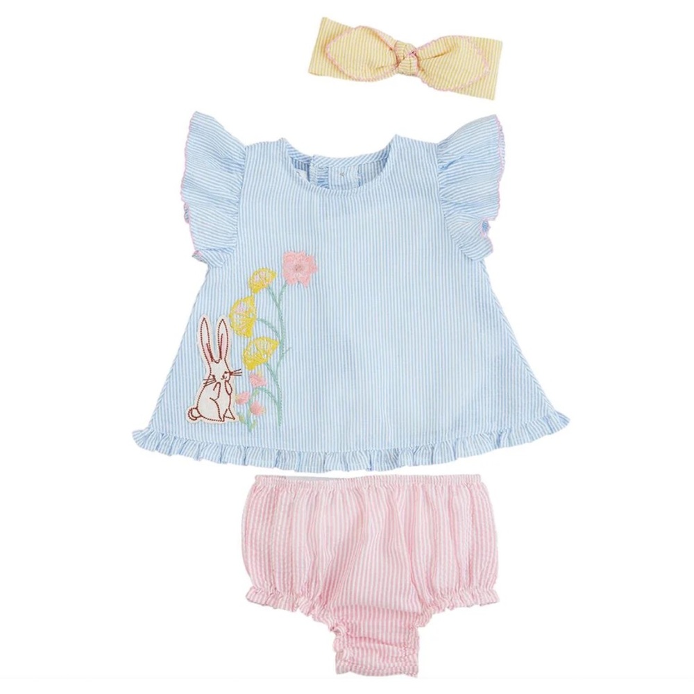 NWT Baby Girls Floral Bunny Seersucker Top Diaper Cover Headband 3 Pc Set 0-3M